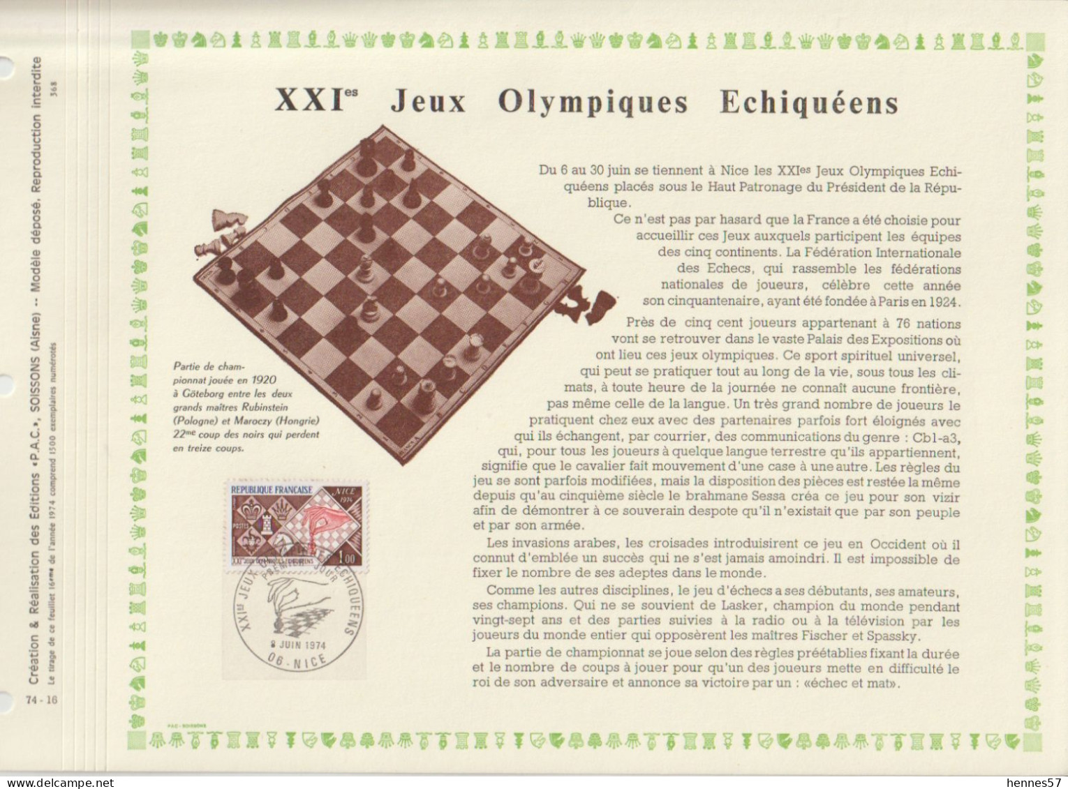 Chess/Schach France/Frankreich 08.06.1974 Special FDC Print, FDC Sonderdruck [205] - Echecs
