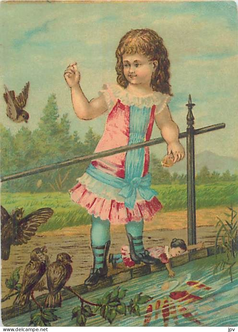 Véritable Chromolithographie : ENFANT JOUANT AU BORD DU BASSIN A POISSONS - Altri & Non Classificati