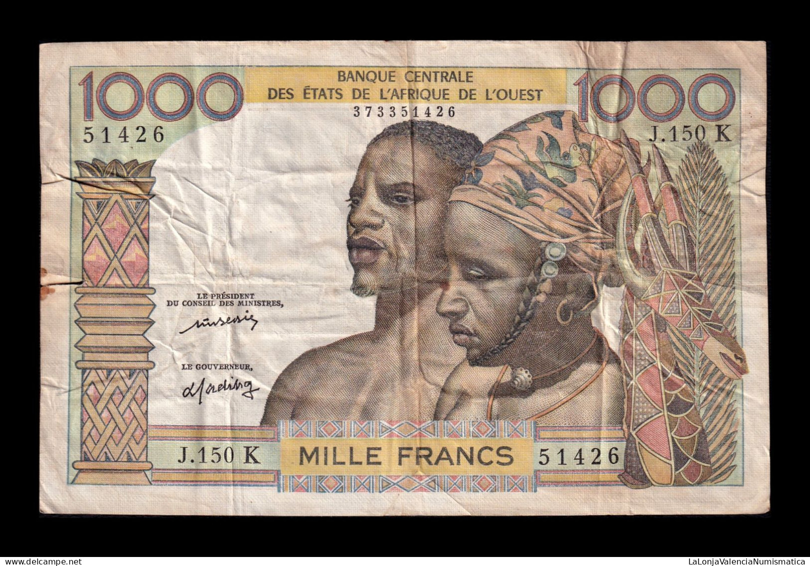 West African St. Senegal 1000 Francs ND (1959-1965) Pick 703Km Bc/Mbc F/Vf - États D'Afrique De L'Ouest