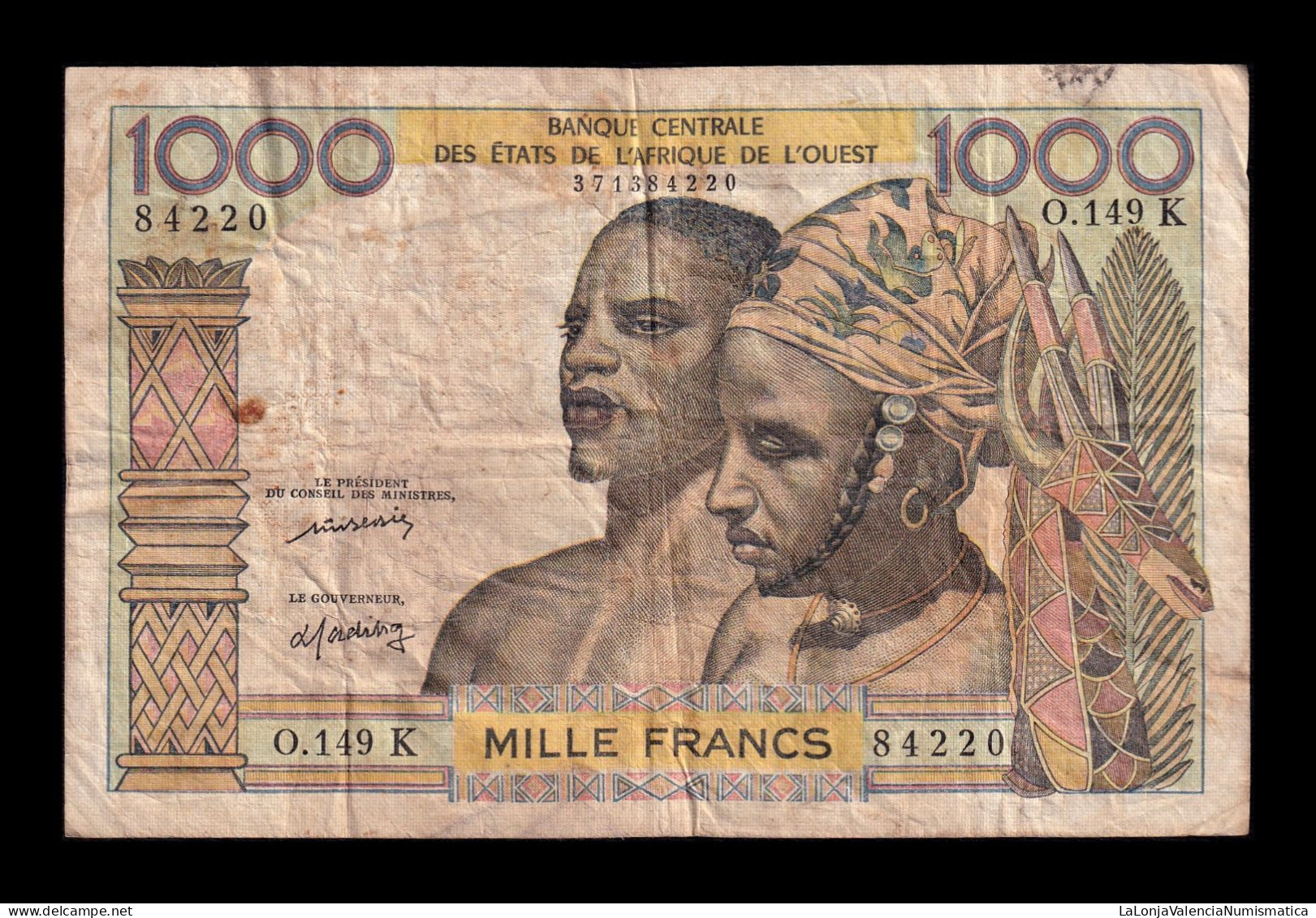 West African St. Senegal 1000 Francs ND (1959-1965) Pick 703Km Bc/Mbc F/Vf - West African States