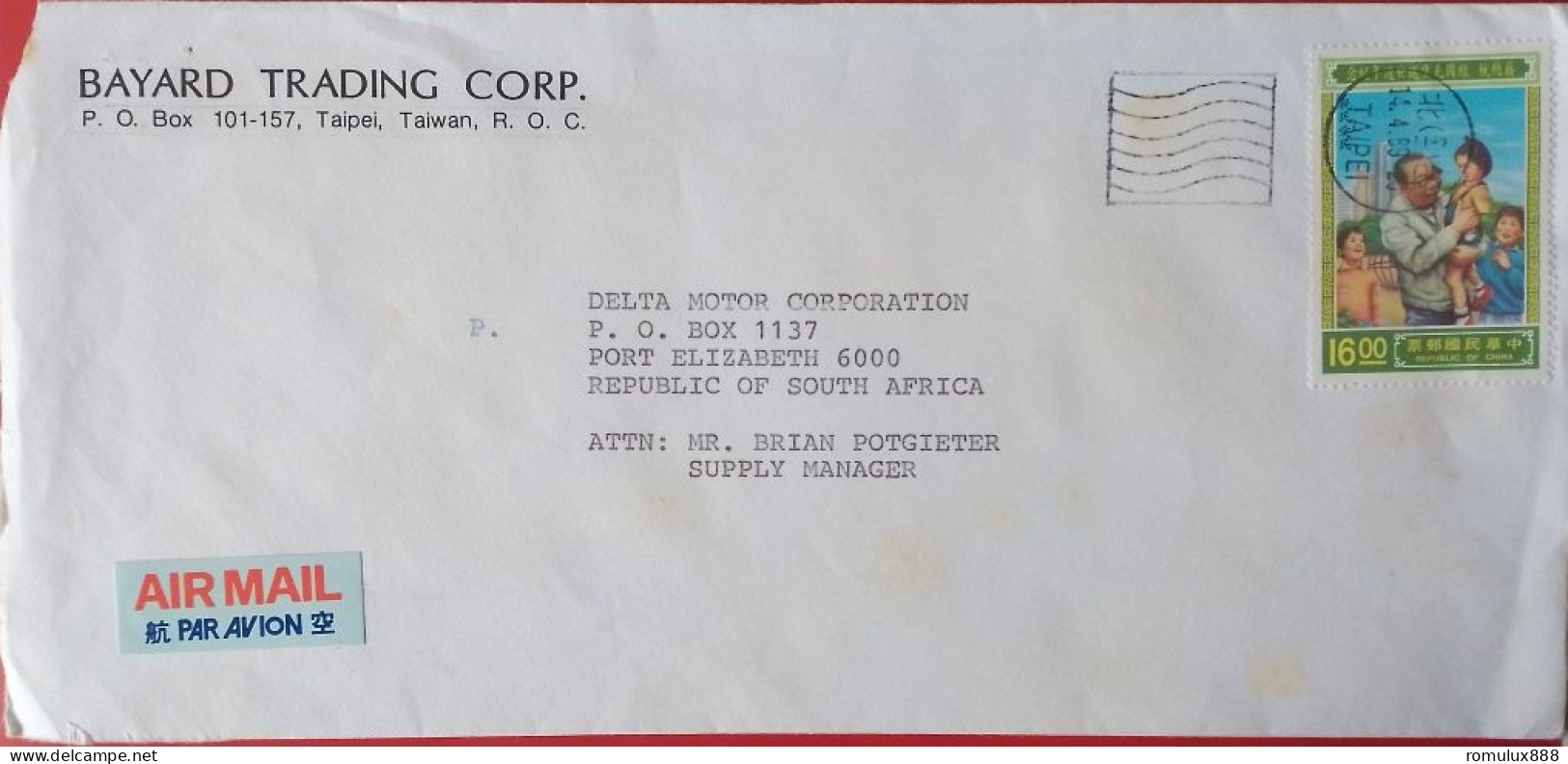 TAIWAN COVER SENT TO DELTA MOTORS IN PORT ELIZABETH 1989 - Lettres & Documents