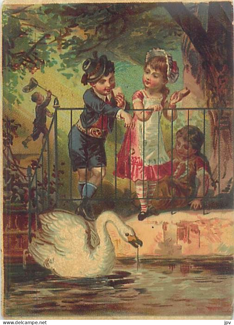 Véritable Chromolithographie : DANS UN PARC, ENFANTS JOUANT AVEC UN CYGNE. - Andere & Zonder Classificatie