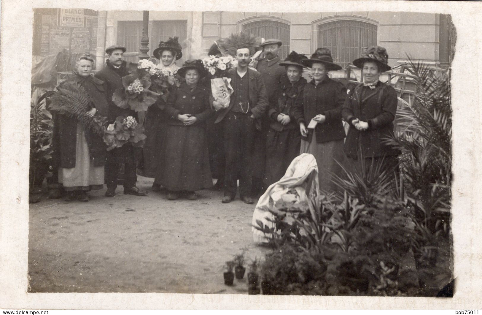 Carte Photo De Femmes élégante Avec Des Hommes ( Des Fleuriste ) Posant Avec Leurs Fleurs Sur Un Marché Aux Fleurs - Personnes Anonymes