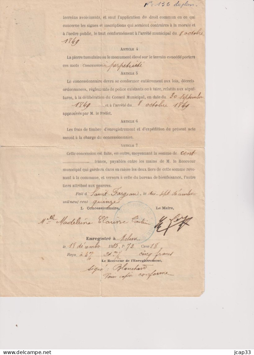 77 SAINT FARGEAU  -  ACTE DE CONCESSION PERPETUELLE  - 17 Décembre 1915  - - Historical Documents