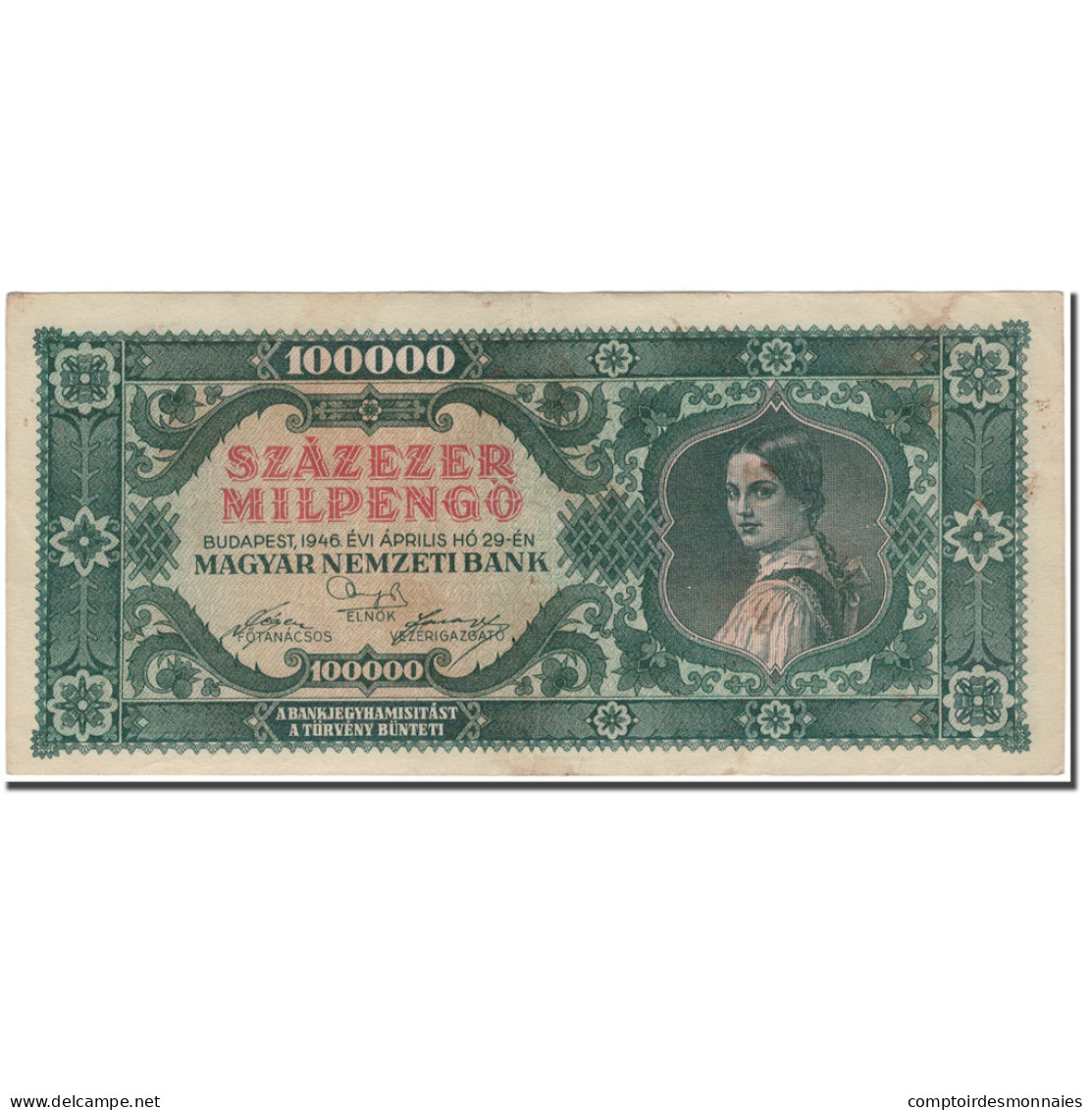 Billet, Hongrie, 100,000 Milpengö, 1946-04-29, KM:127, TTB - Hungary