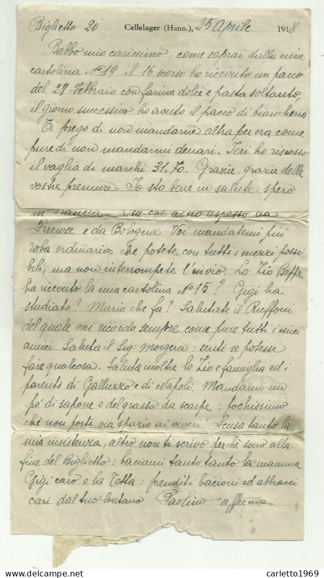 LETTERA DA PRIGIONIERO DI GUERRA DA CELLE LAGER HANNOVER A FIRENZE NEL 1918 TIMBRI CENSURA - 1914-18
