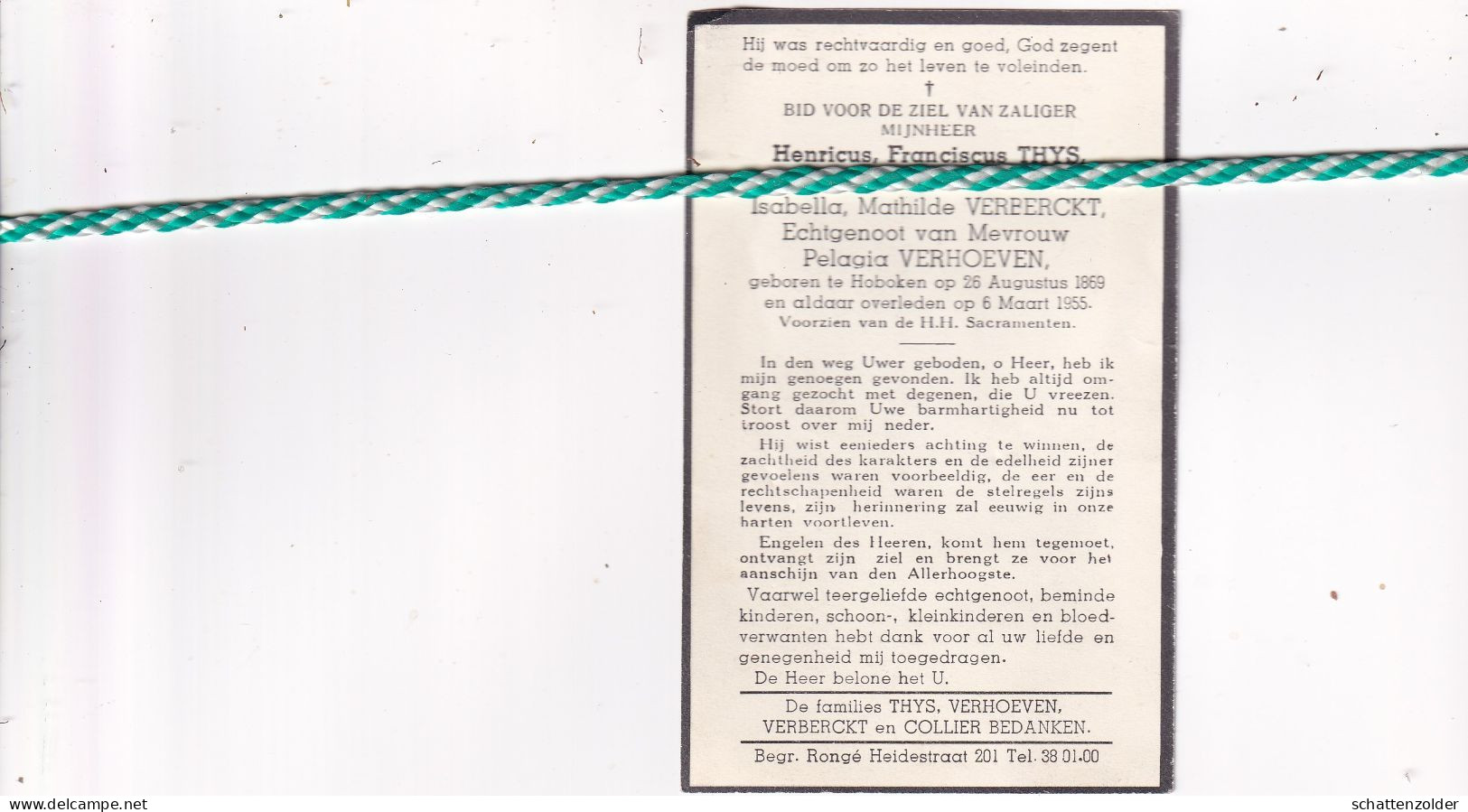 Henricus Franciscus Thys-Verberckt-Verhoeven, Hoboken 1869, 1955 - Obituary Notices