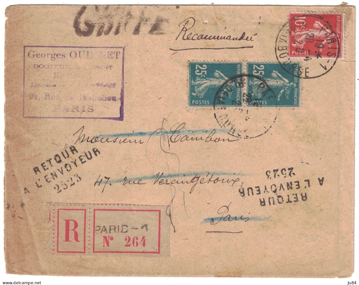 Paris - Place De La Bourse - Lettre Recommandée Pour Paris - Retour Envoyeur - Affranchissement Semeuse - 1920 - Posttarife