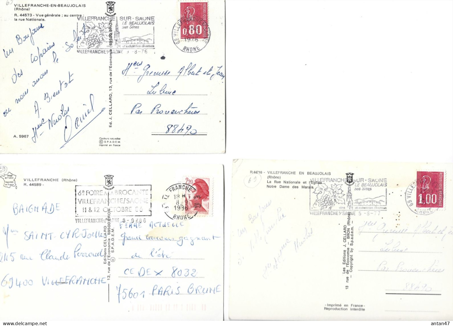 3cartes 1976-86 / 69 VILLEFRANCHE / Flamme Postale - Villefranche-sur-Saone