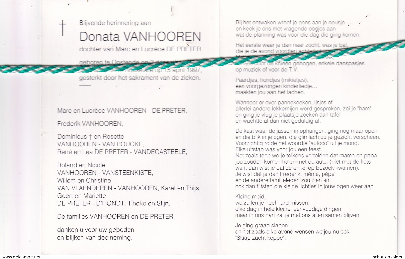 Donata Vanhooren-De Preter, Oostende 1981, Roeselare 1997. Foto - Obituary Notices