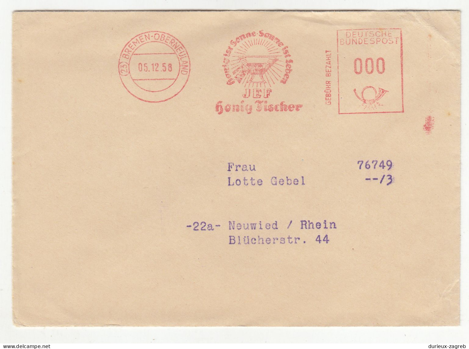 JEF Honig Fischer Meter Stamp On 2 Letter Covers Posted 1958 Bremen-Oberneuland B240510 - Lettres & Documents