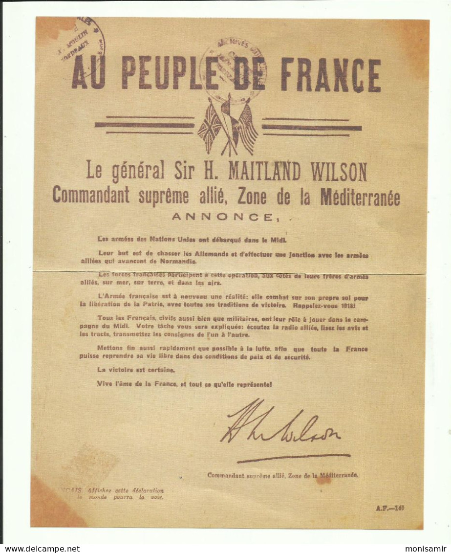 Fac-similé "au Peuple De FRance", Annonca, Général H.MAITLAND WILSON  Voir Scann - Historical Documents