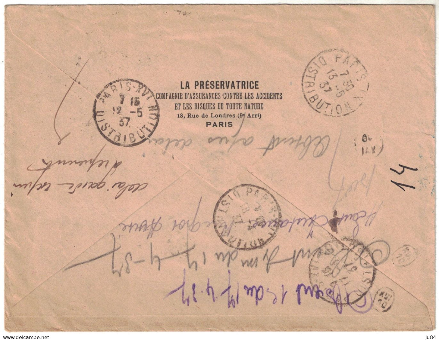 Paris - Lettre Recommandée Pour Paris - Retour Envoyeur - Affranchissement Type 1f75 Paix - Griffe - 16 Avril 1937 - Postal Rates