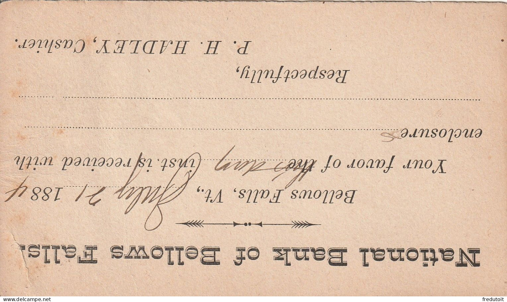 USA - POST CARD - National Bank Of Bellows Falls : Le 21/07/1884 Pour Crafton - ...-1900