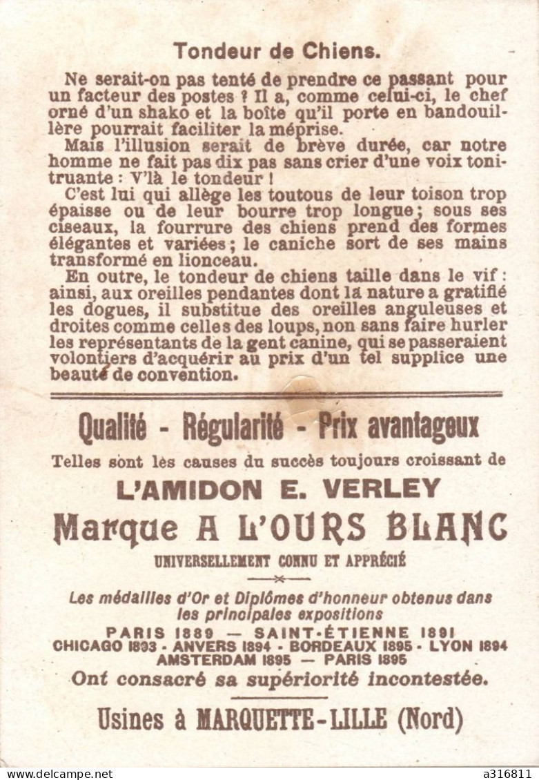 CHROMO AMIDON E.VERLEY . LILLE . A L'OURS BLANC . TONDEUR DE CHIENS - Autres & Non Classés