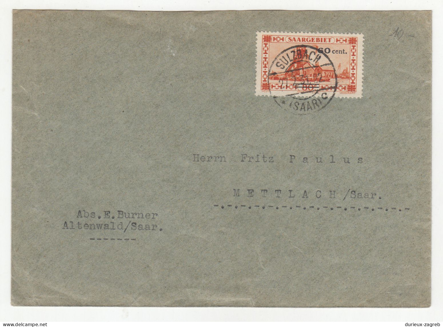 Saargebiet Letter Cover Posted 1931 Sulzbach B240510 - Covers & Documents