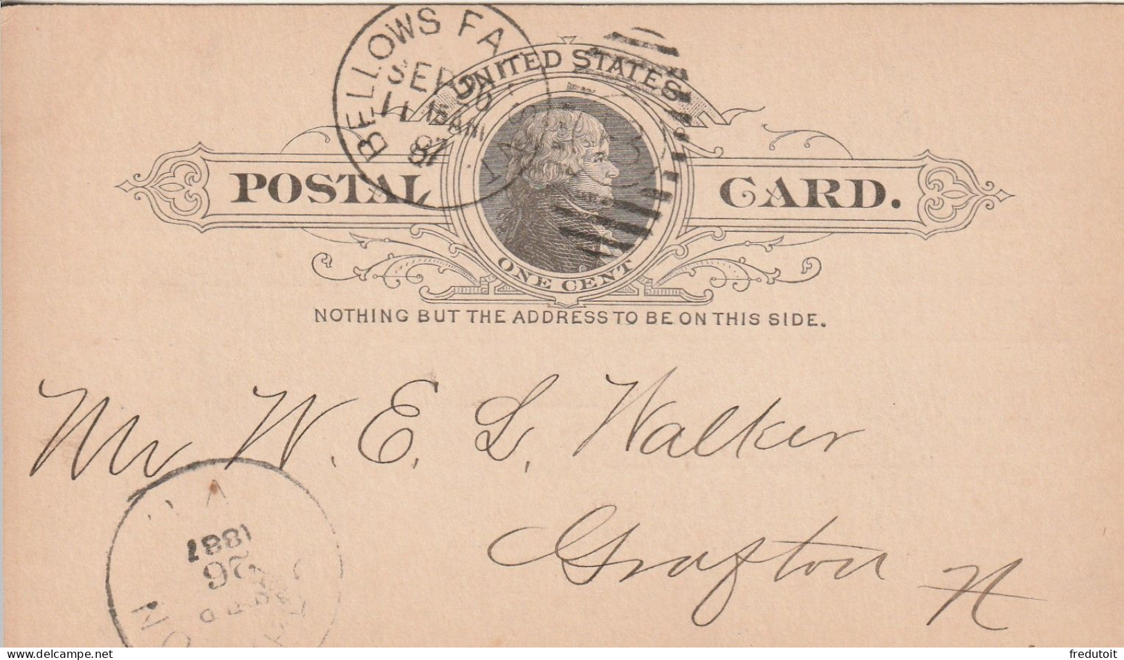 USA - POST CARD - National Bank Of Bellows Falls : Le 26/09/1887 Pour Crafton - ...-1900