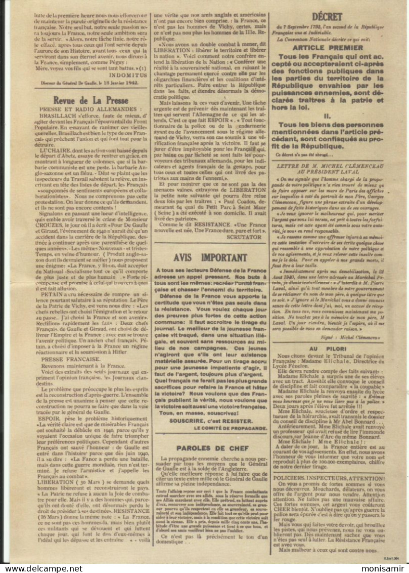 Fac-similé "Défense De FRance",journal  29 Avril 1945, Doc 21X30  Voir Scann - Documents Historiques