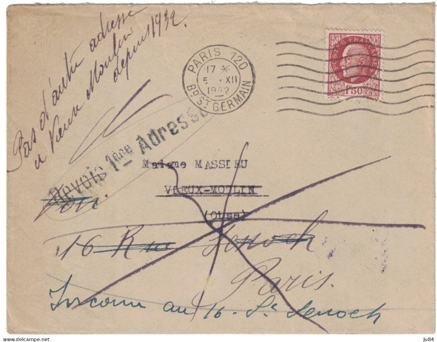 Paris 120 - Lettre Pour L'Oise - Retour Envoyeur - Affranchissement 1f50 Pétain - Décembre 1942 - Postal Rates