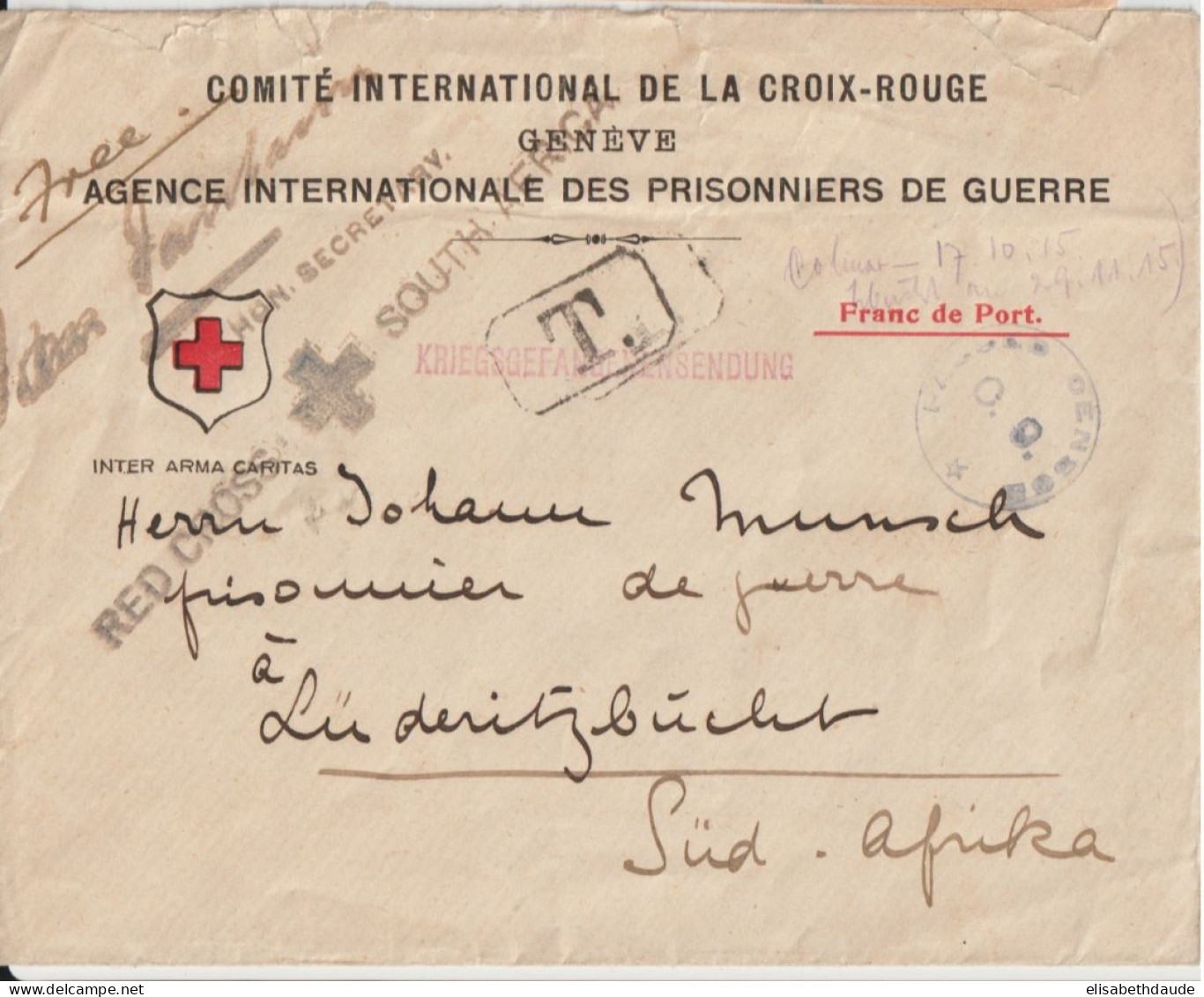 1915 - ALSACE/SÜDWEST AFRIKA ! - ENV PRISONNIER DE GUERRE De COLMAR Via CROIX-ROUGE GENEVE => LÜDERITZBUCHT ! TAXE ! - Rode Kruis