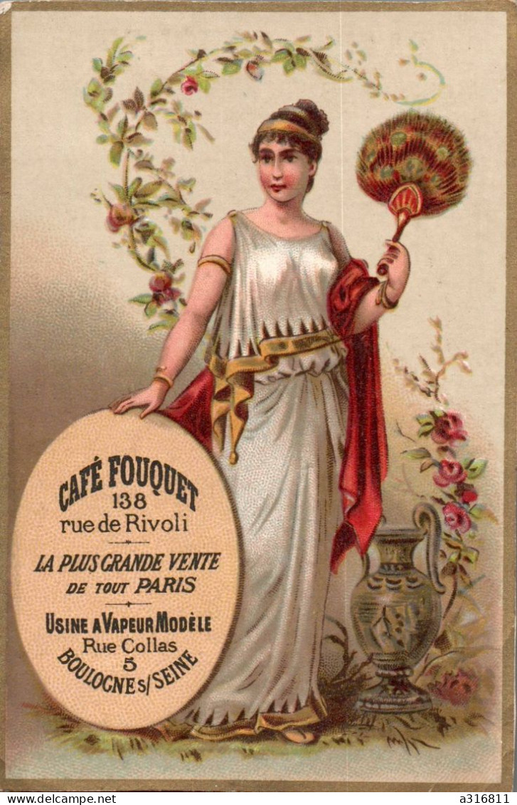 CHROMO CAFÉ FOUQUET ( Cafés ) Femme Elégante à L'éventail Vase Cruche à Côté Fleurs - Tea & Coffee Manufacturers