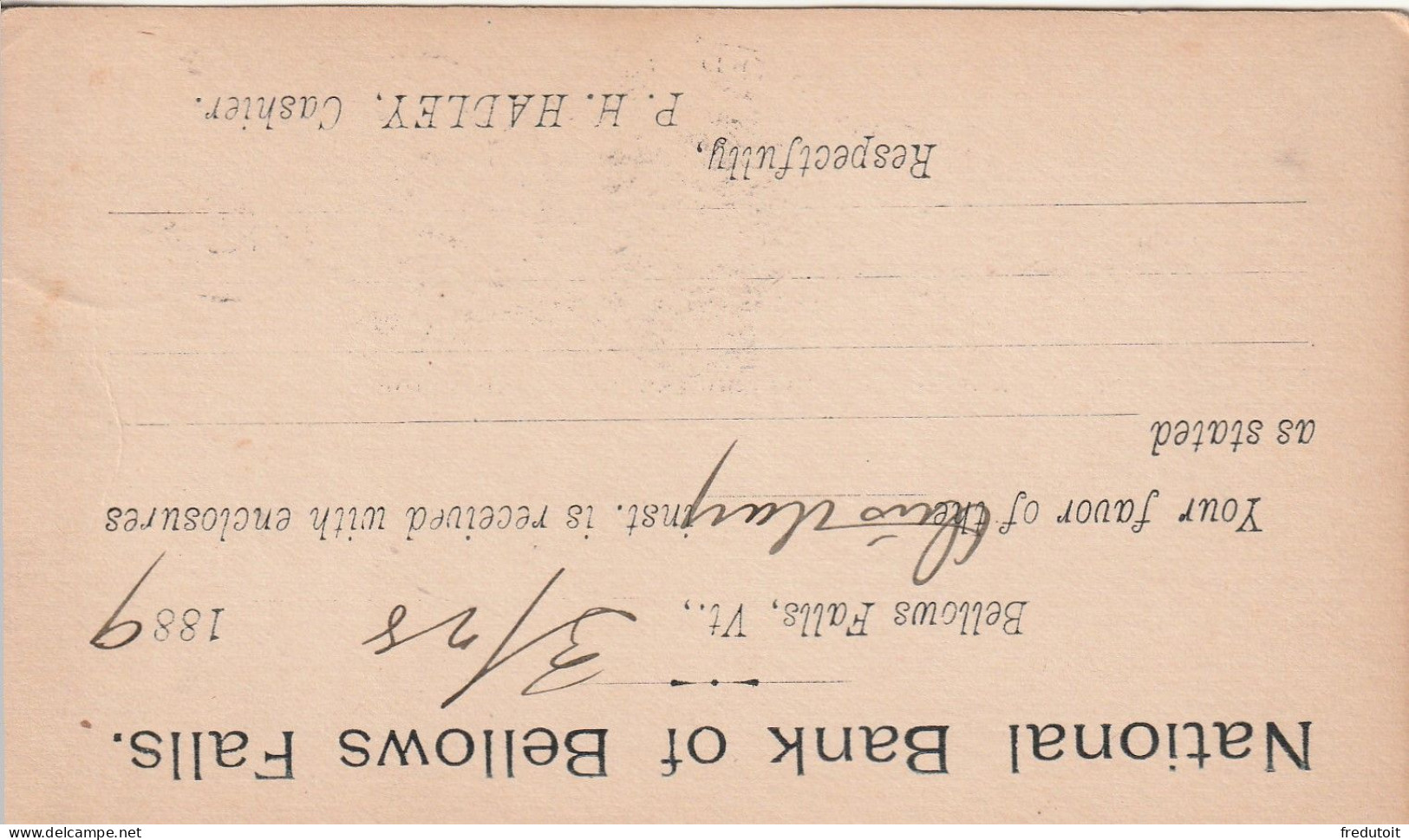 USA - POST CARD - National Bank Of Bellows Falls : Le 28/03/1889 Pour Crafton - ...-1900
