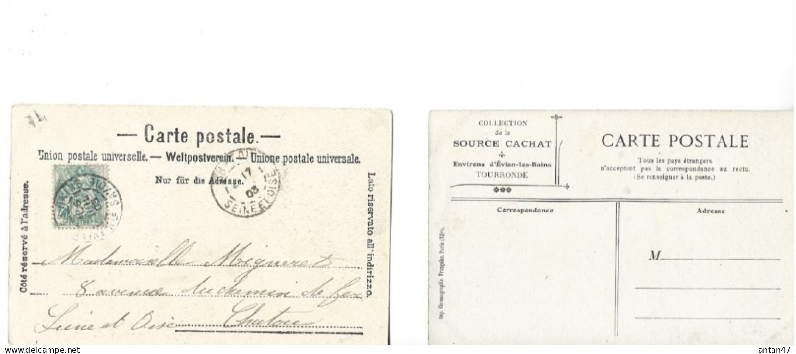 2 Cartes / 74 EVIAN / Source Des Grottes, TOURRONDE Pub Source CACHAT - Evian-les-Bains