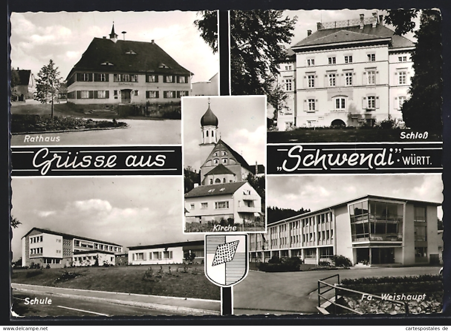 AK Schwendi /Württ., Rathaus, Schloss, Schule, Fa. Weishaupt  - Altri & Non Classificati