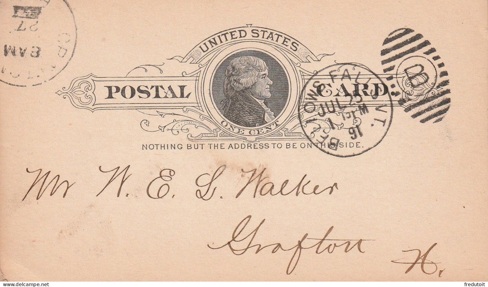 USA - POST CARD - National Bank Of Bellows Falls : Le 25/07/1891 Pour Crafton - ...-1900