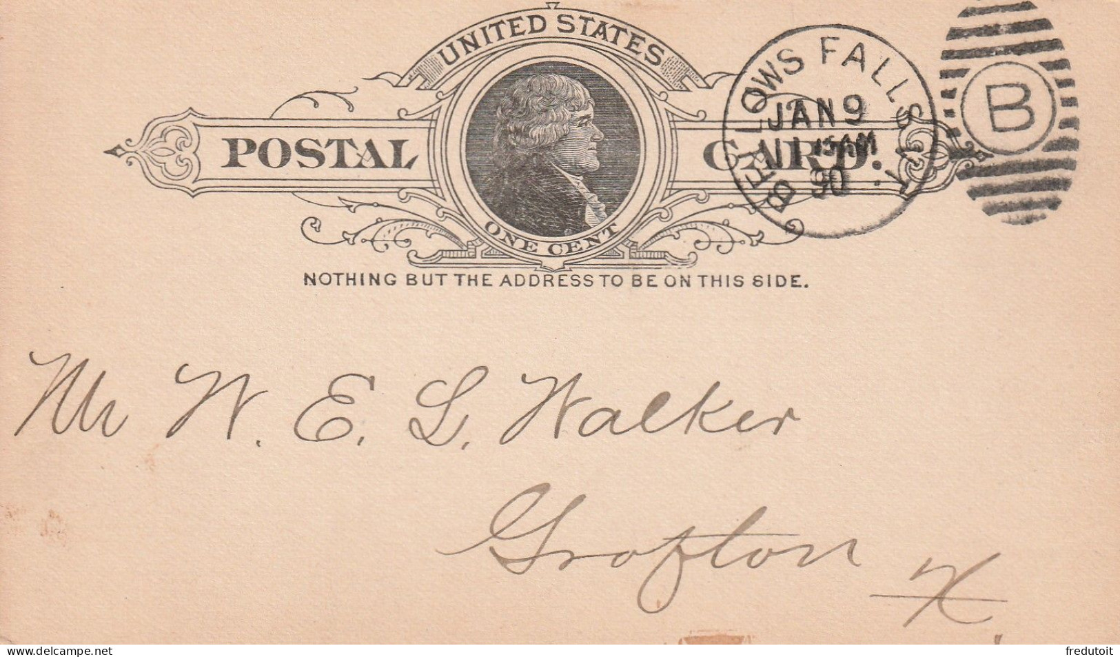 USA - POST CARD - National Bank Of Bellows Falls : Le 09/01/1890 Pour Crafton - ...-1900