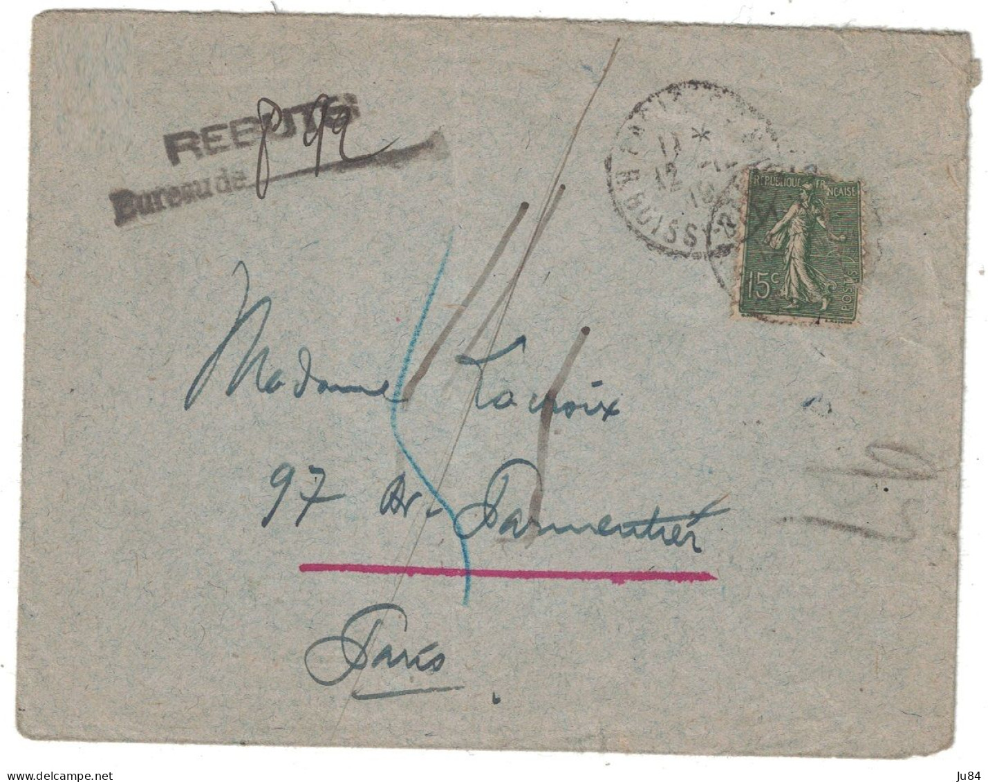 Paris - Lettre Pour Paris - Lettre Rebutée - Rebuts Bureau 892 - 1919 - Posttarieven