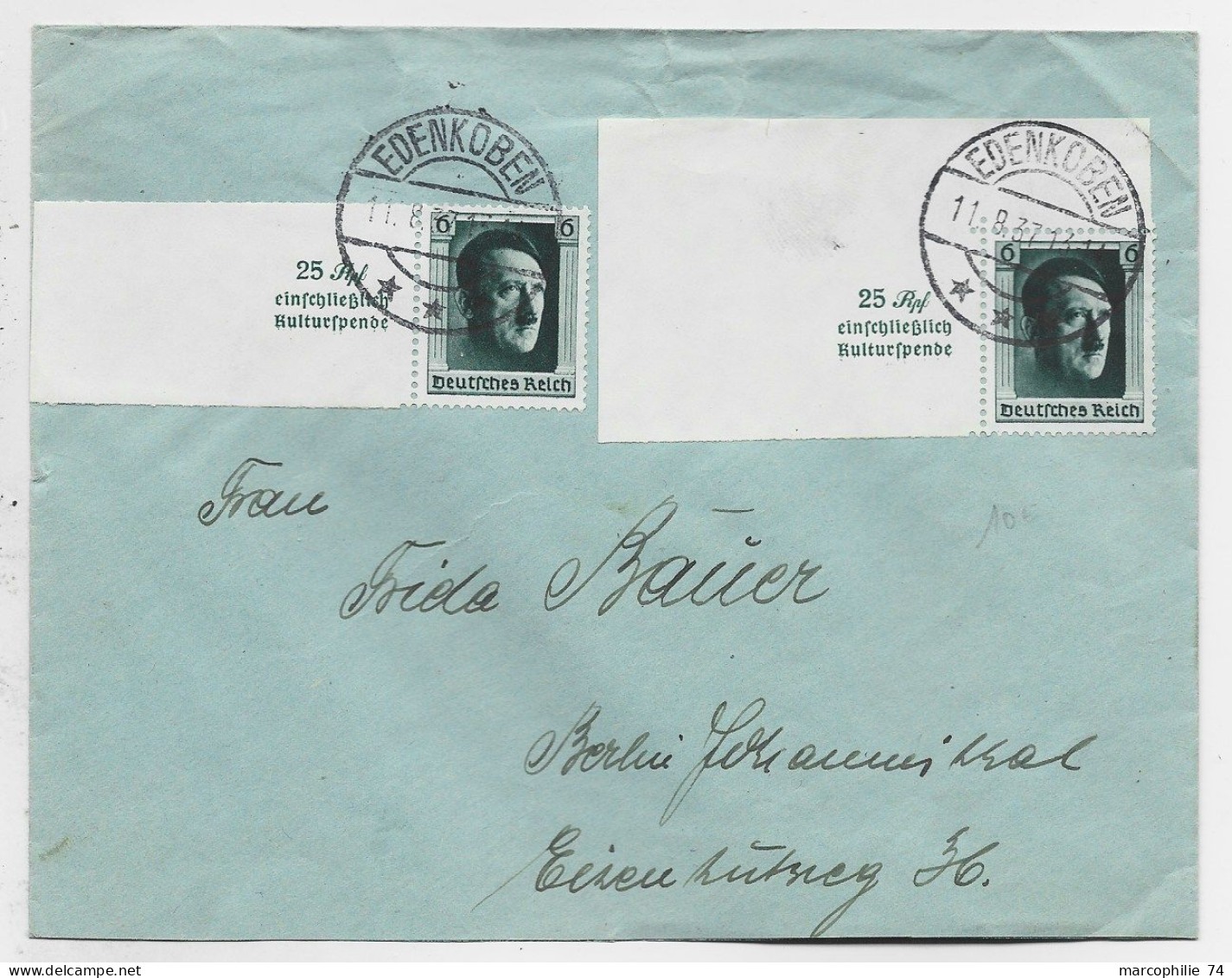 GERMANY REICH HITLER 6C BDF X2 LETTTE COVER BRIEF EDENKOBEN 11.8.1937 TO GERMANY - Briefe U. Dokumente