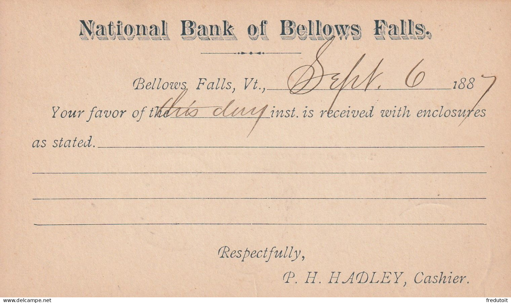 USA - POST CARD - National Bank Of Bellows Falls : Le 06/09/1887 Pour Crafton - ...-1900