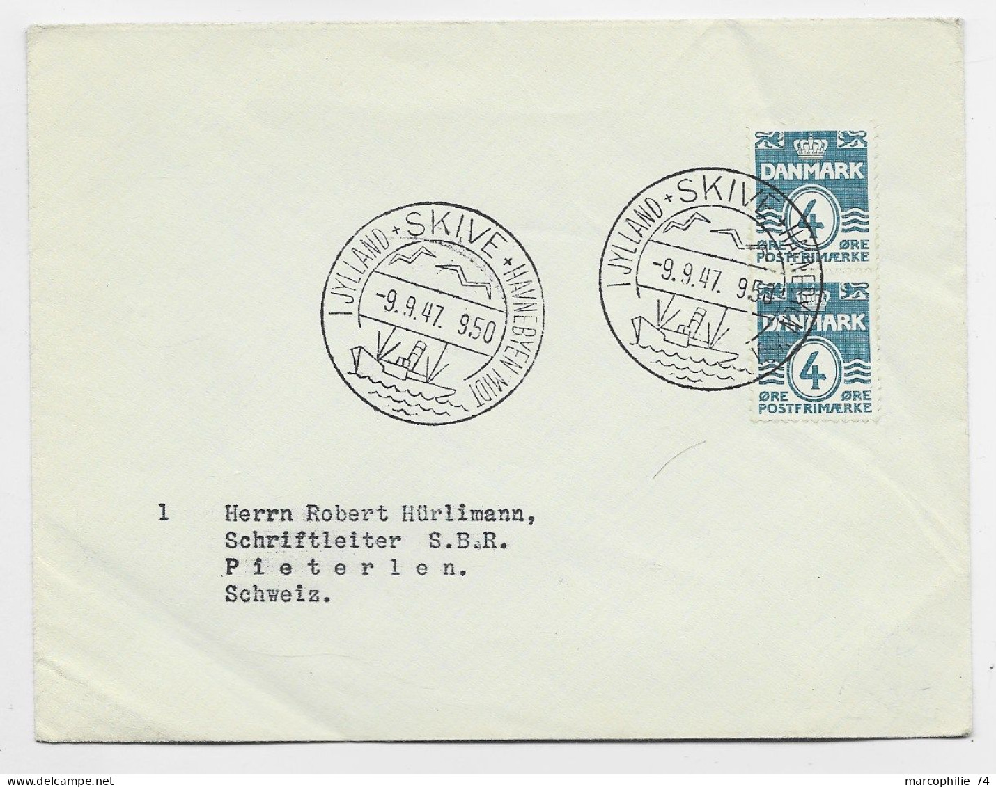 DANMARK 4 ORE X2 LETTRE COVER IJYLIAND SKIVE HAVNEBYEN MIDT 9.9.1947 BOAT TP SUISSE - Lettres & Documents