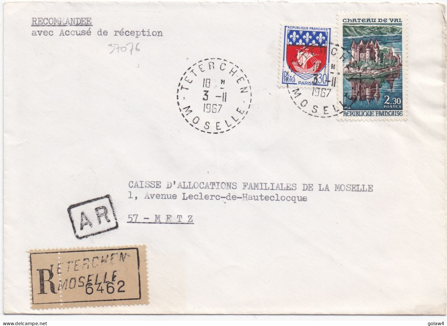 37076# LETTRE FRANCHISE PARTIELLE RECOMMANDE Obl TETERCHEN MOSELLE 1967 Pour METZ 57 - Brieven En Documenten