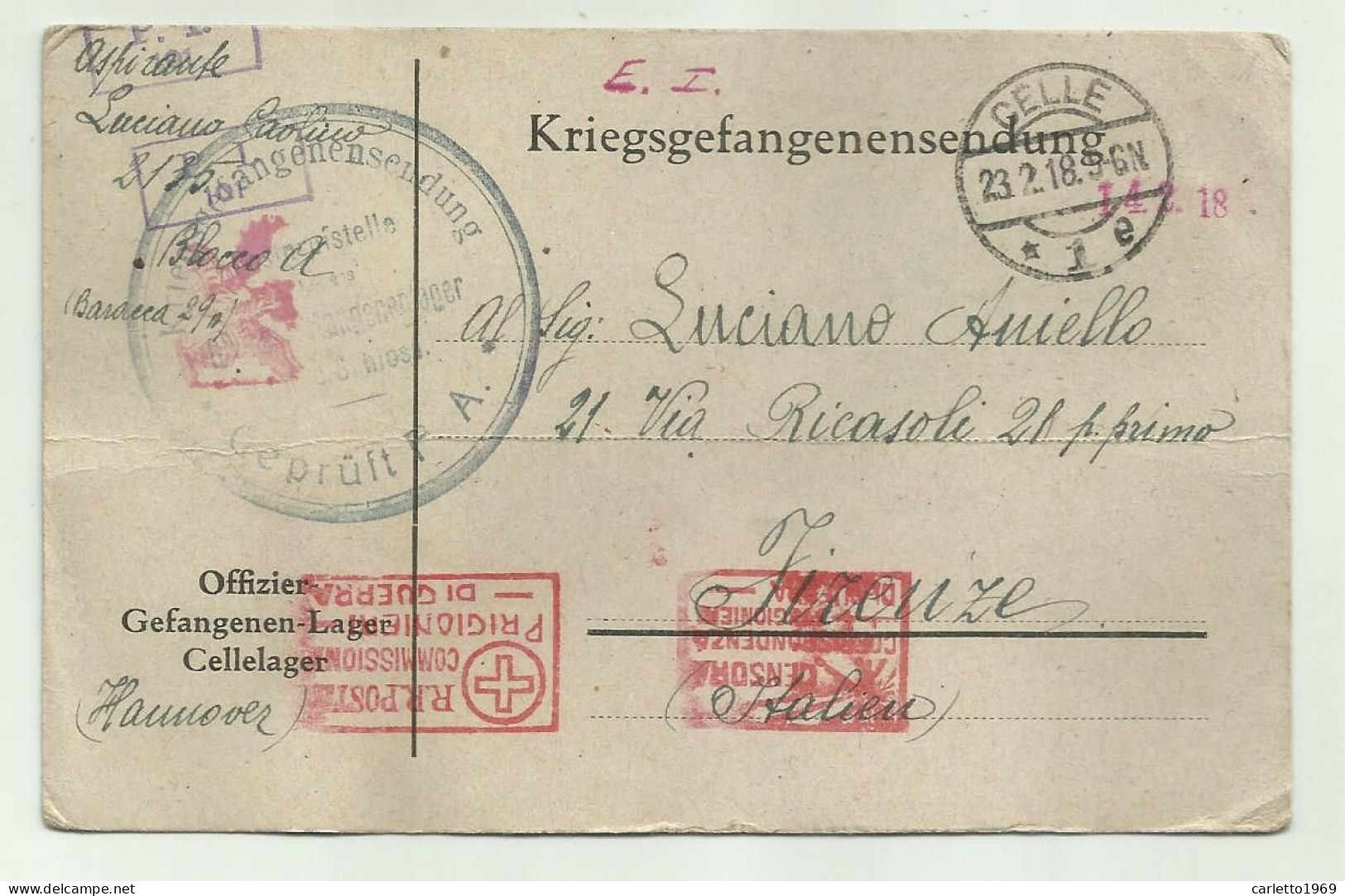 PRIGIONIERO DI GUERRA  CELLE LAGER HANNOVER - TIMBRI CENSURA 1918 - Prison