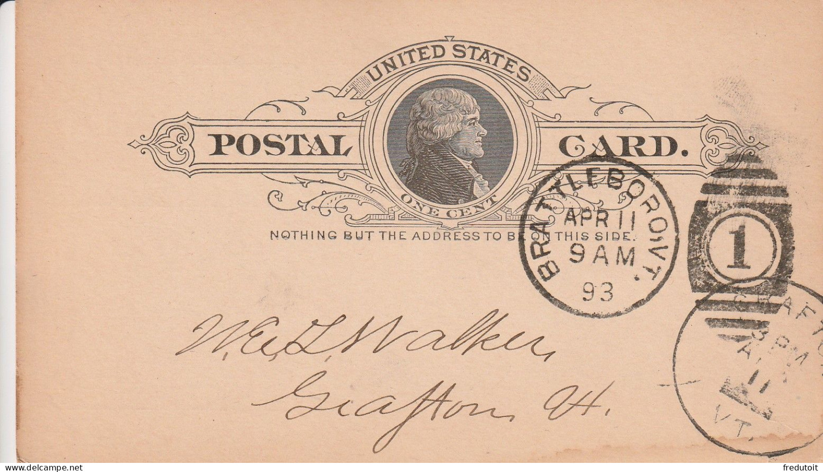 USA - POST CARD - Brattleboro: Le 11/04/1893 Pour Crafton - ...-1900