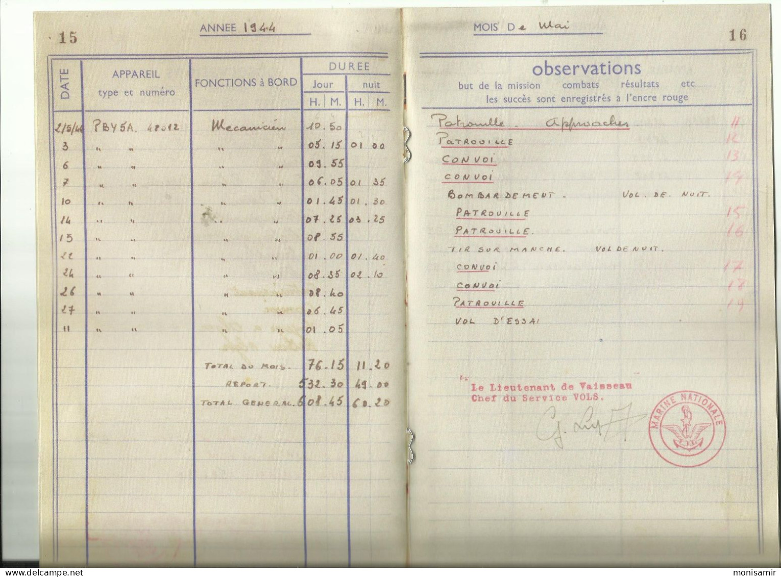 Carnet De Vol, Emploi Du Temps,1944, Aéronautique Navale Française Libre,  Voir Scann - Autres & Non Classés