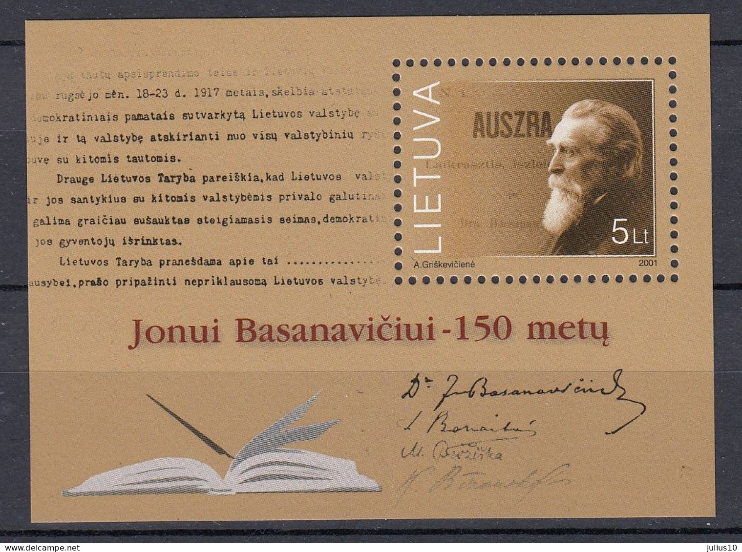 LITHUANIA 2001 Famous People Basanavicius MNH(**) Mi Bl 24 #Lt1050 - Lithuania
