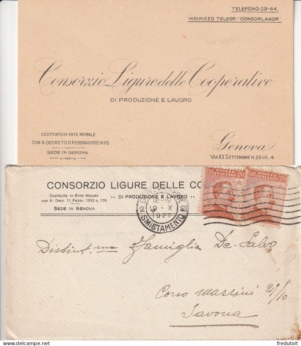ITALIE - LETTRE - Genova Le 19/10/1922 Pour Savona (carte De Visite Incluse) - Marcophilia