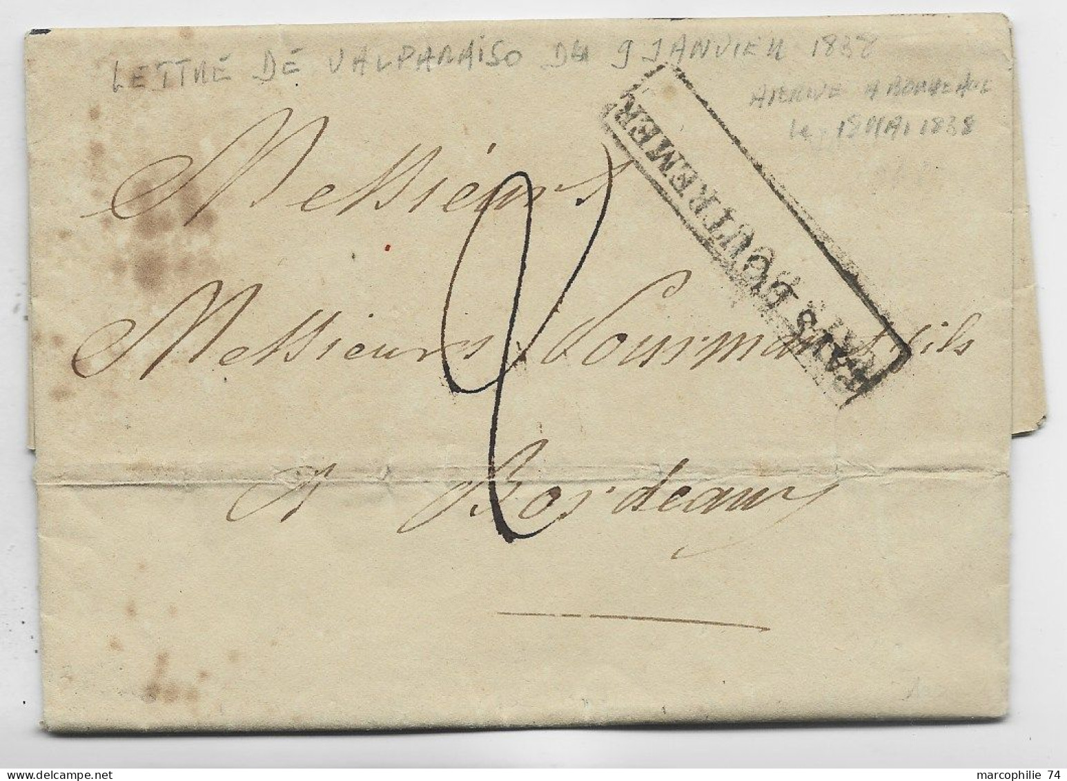 CHILE CHILI LETTRE COVER VALPARAISO 1838 LETTRE COVER  BORDEAUX FRANCE + PAYS D'OUTREMER - Maritime Post