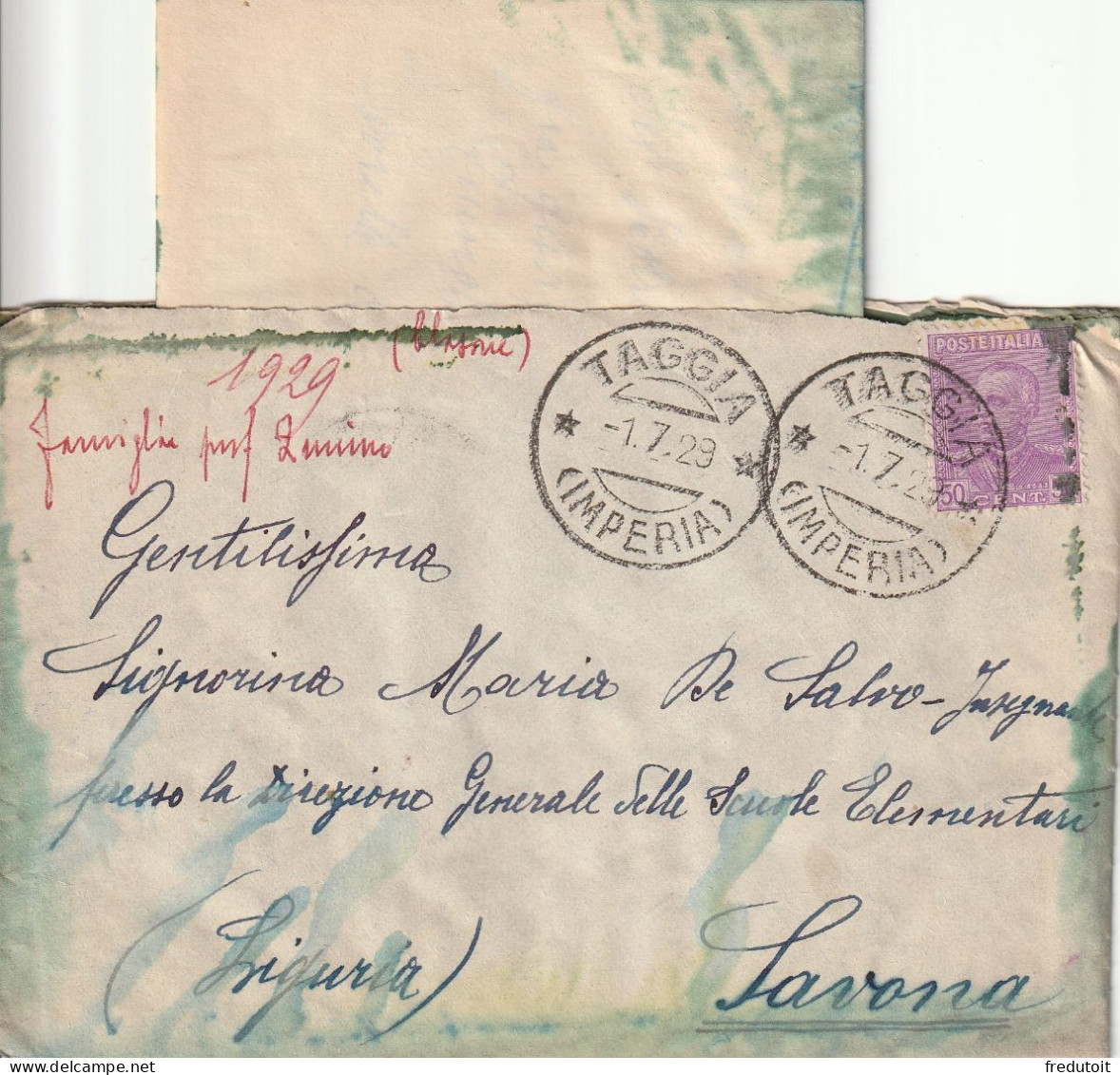 ITALIE - LETTRE - Taggia Le 01/07/1929 Pour Savona (lettre écrite Incluse) - Marcophilia