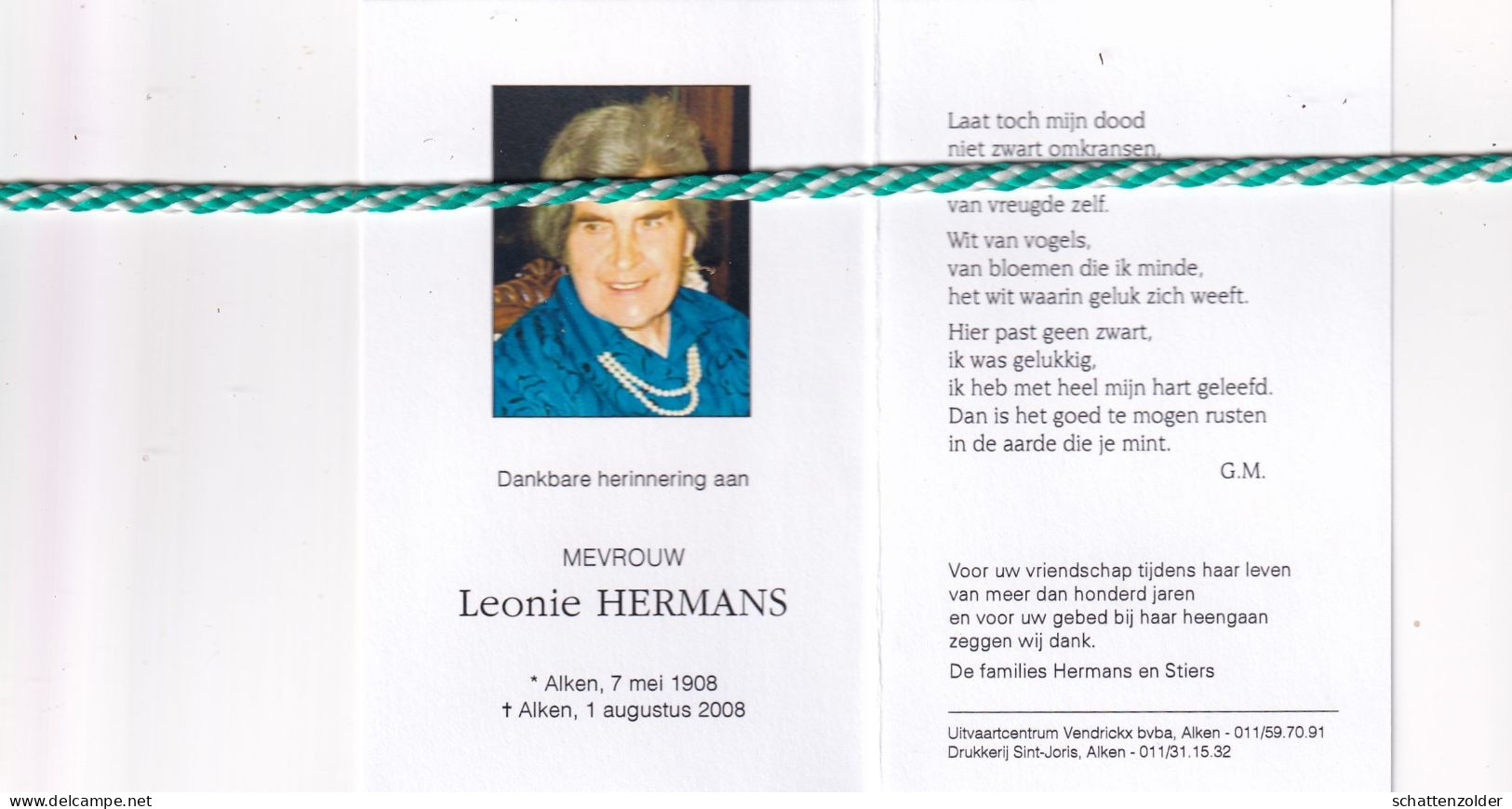 Leonie Hermans, Alken 1908, 2008. Honderdjarige. Foto - Obituary Notices