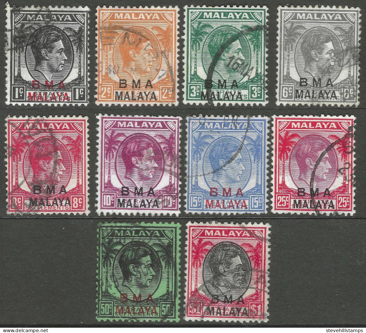 Malaya (British Military Administration). 1945-48 King George VI BMA Overprint.  10 Used Values To $1. SG 1etc. M5051 - Malaya (British Military Administration)