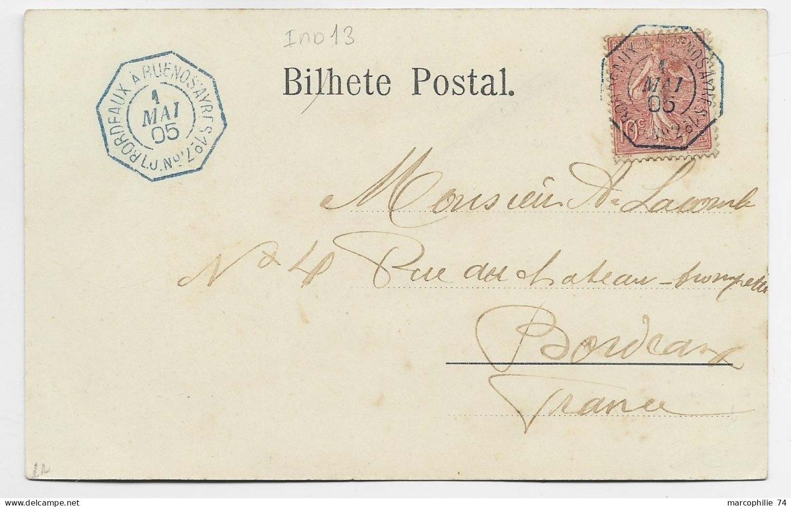 SEMEUSE 10C LIGNEE CARTE BRESIL BRASIL RIO CACHET OCTOG MARITIME BLEU BORDEAUX A BUENOS AYRES 1 MAI 05 L.U. N° 2 - Poste Maritime