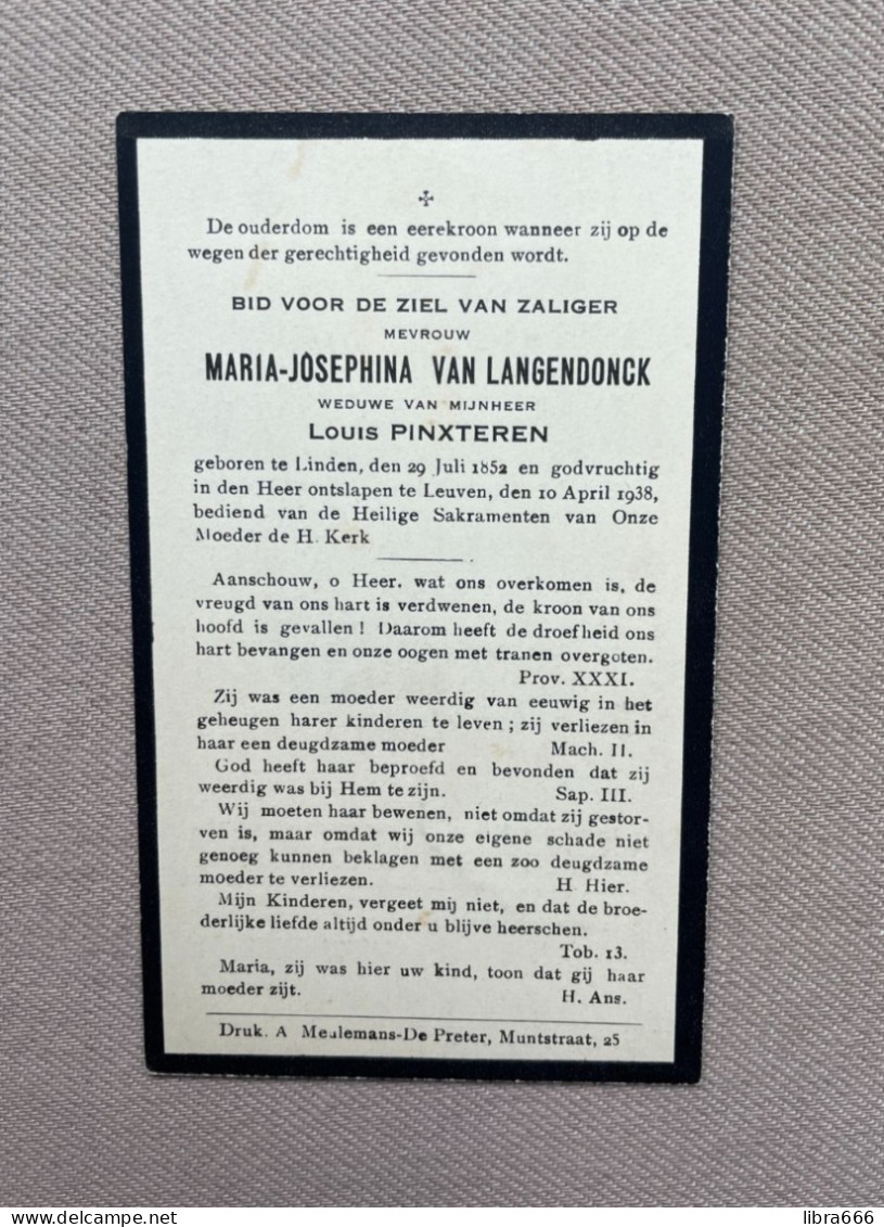 VAN LANGENDONCK Maria Josephina °LINDEN 1852 +LEUVEN 1938 - PINXTEREN - Obituary Notices