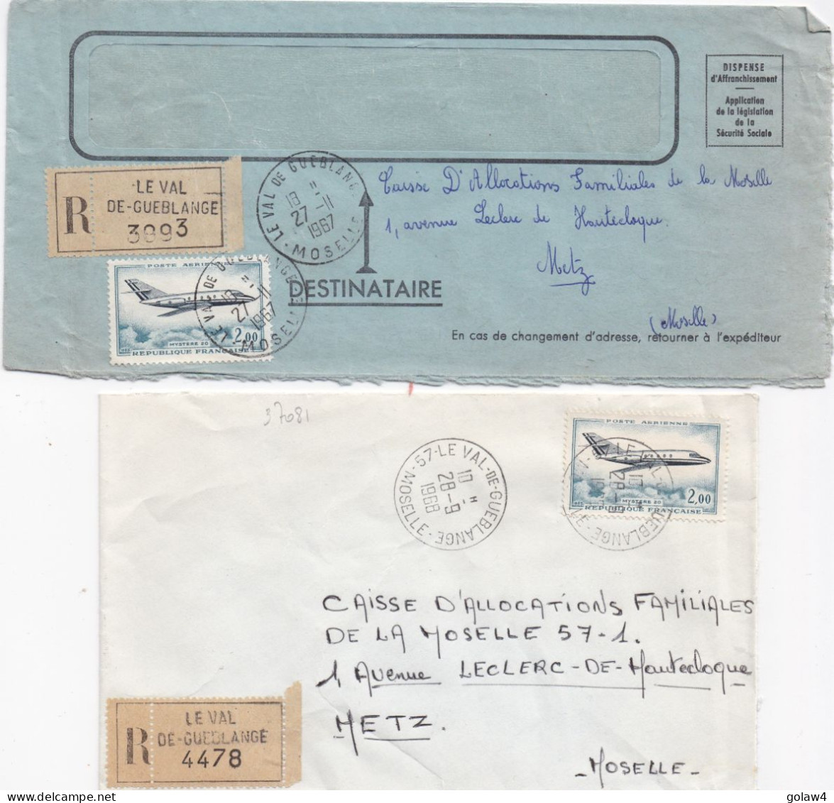 37081# LOT 2 LETTRES FRANCHISE PARTIELLE RECOMMANDE Obl LE VAL DE GUEBLANGE MOSELLE 1967 1968 Pour METZ 57 - Cartas & Documentos