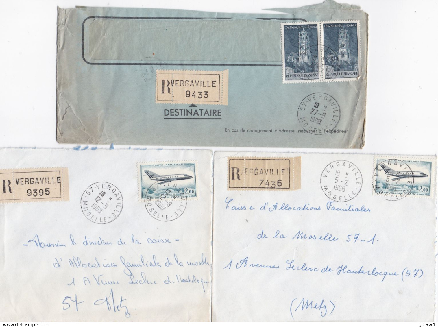 37082# LOT 7 LETTRES FRANCHISE PARTIELLE RECOMMANDE Obl VERGAVILLE MOSELLE 1967 1968 Pour METZ 57 - Covers & Documents