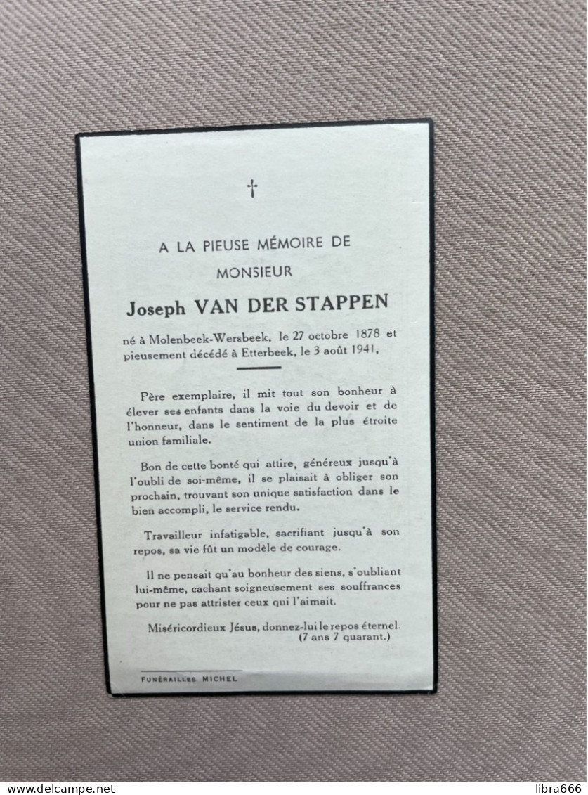 VAN DER STAPPEN Joseph °MOLENBEEK-WERSBEEK 1878 +ETTERBEEK 1941 - Todesanzeige