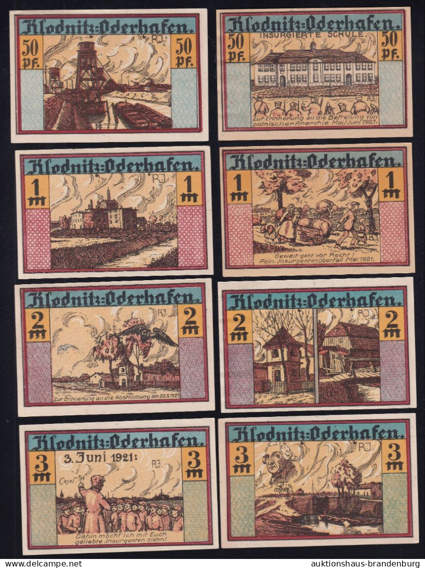 8x Klodnitz Oderhafen: Je 2x 50 Pfg., 1, 2 + 3 Mark 1.7.1921 - Colecciones